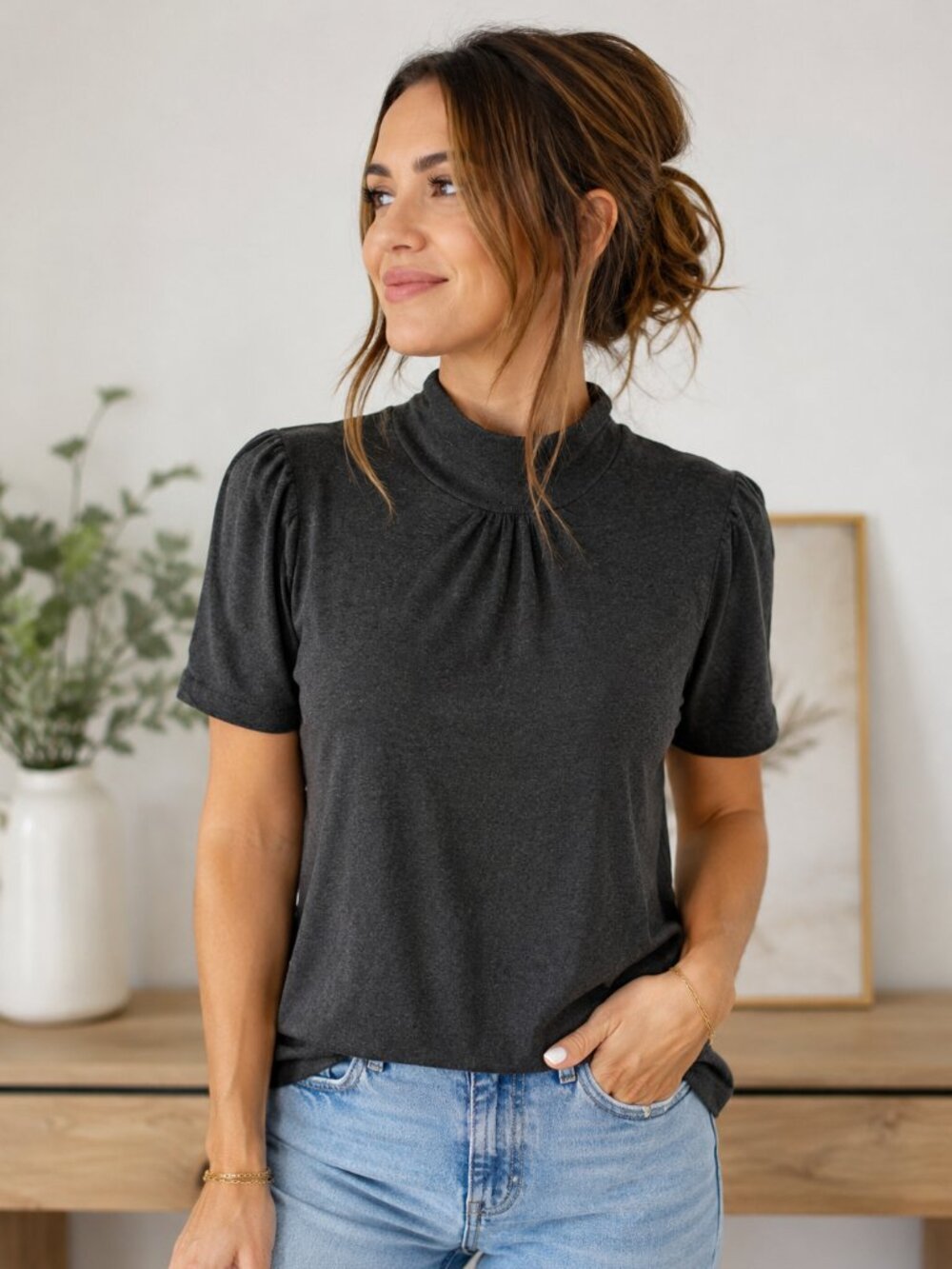 Jane & John Charcoal Mock Neck Puff Sleeve Tencel Top Size Large